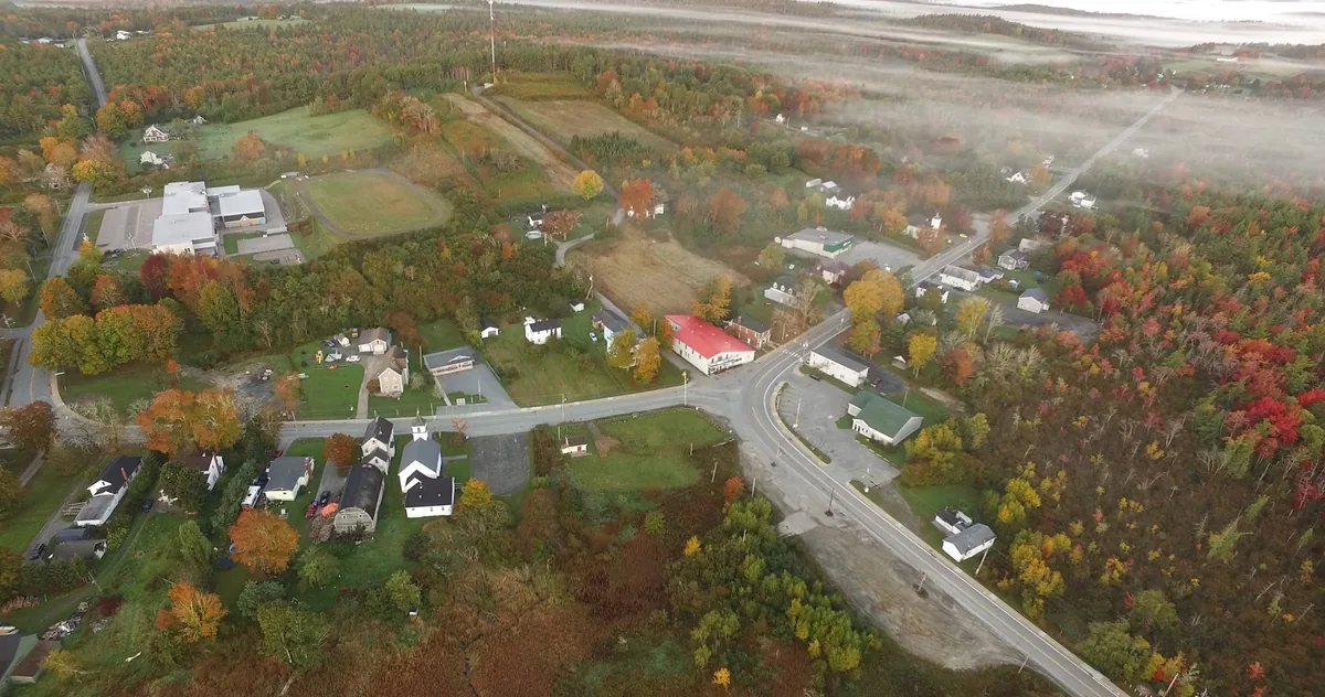 Aerial view of roads and buildings among autumn trees in Caledonia.